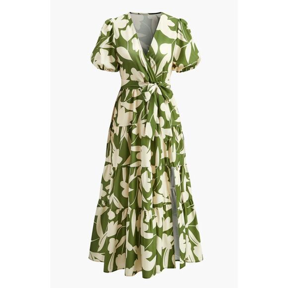 Commense Dresses & Skirts - Commense Green Floral Maxi Dress Puff Sleeve V-Neck Tiered Skirt NWT Size XL